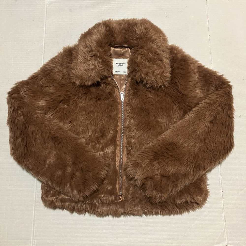 Abercrombie & Fitch Faux Fur Jacket Womens Medium Brown Fuzzy Full Zip Coat Cozy